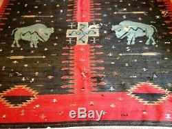 Antique Indian Style Wool Blanket Rug Hand Loomed Deep Red, Green Buffalo Bison