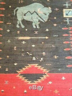 Antique Indian Style Wool Blanket Rug Hand Loomed Deep Red, Green Buffalo Bison