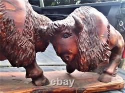 Antique Signed American Western Indian Bison Buffalo Wood Carving Art Sculpture