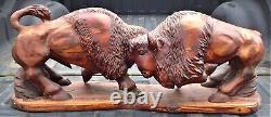 Antique Signed American Western Indian Bison Buffalo Wood Carving Art Sculpture