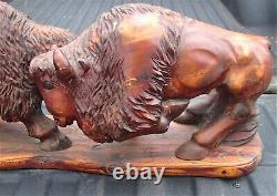 Antique Signed American Western Indian Bison Buffalo Wood Carving Art Sculpture