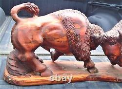 Antique Signed American Western Indian Bison Buffalo Wood Carving Art Sculpture