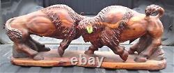 Antique Signed American Western Indian Bison Buffalo Wood Carving Art Sculpture