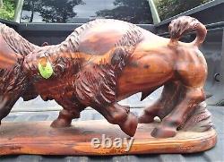 Antique Signed American Western Indian Bison Buffalo Wood Carving Art Sculpture