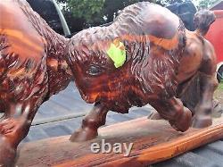 Antique Signed American Western Indian Bison Buffalo Wood Carving Art Sculpture