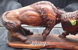 Antique Signed American Western Indian Bison Buffalo Wood Carving Art Sculpture