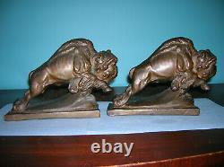 Antique buffalo bison Western bookends KBW Kathodian Bronze clad, 1915, 7 lbs