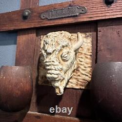 Antique c. 1920's Arts & Crafts Wood Match Holder Painted Folk Art Buffalo Bison
