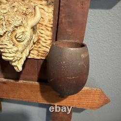 Antique c. 1920's Arts & Crafts Wood Match Holder Painted Folk Art Buffalo Bison