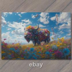 Art Print Buffalo Bison Covered Flowers Cute Colorful Unreal Strange Fun Unusual