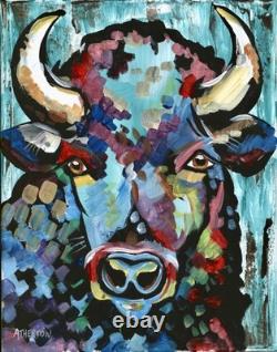Atherton 11x14 Original Abstract Bison Acrylic Painting Cyan Buffalo signed