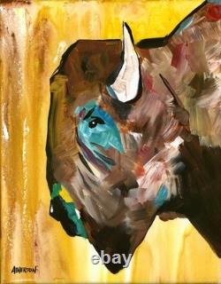 Atherton 11x14 Original Abstract Bison Painting Buffalo on yellow signed