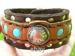 Authentic 1935 Buffalo Indian Nickel coin cuff bracelet Bison leather adjustable