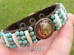 Authentic Indian Head penny coin cuff bracelet Bison leather bone customize size