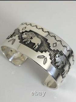 Authentic Native American Buffalo Cuff Bracelet Artist Fortune Huntinghorse Silv