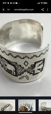 Authentic Native American Buffalo Cuff Bracelet Artist Fortune Huntinghorse Silv