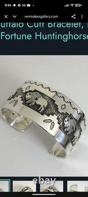 Authentic Native American Buffalo Cuff Bracelet Artist Fortune Huntinghorse Silv