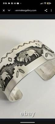 Authentic Native American Buffalo Cuff Bracelet Artist Fortune Huntinghorse Silv