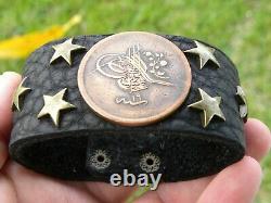 Authentic OTTOMAN 1255 AH coin cuff bracelet genuine Bison Leather for 7.5 size