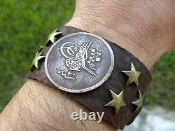 Authentic OTTOMAN tughra 1255 AH coin cuff bracelet genuine Bison Leather adjust