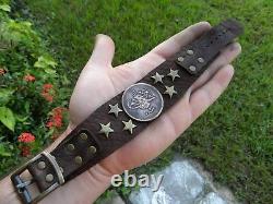 Authentic OTTOMAN tughra 1255 AH coin cuff bracelet genuine Bison Leather adjust