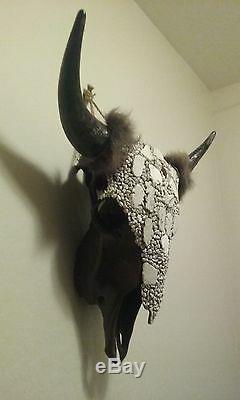 Authentic, Unique, Custom, Bison, American buffalo skull meticulously adorned de