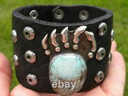 Bear claw sterling silver turquoise signed MG Bison leather cuff bracelet ketoh