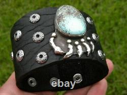 Bear claw sterling silver turquoise signed MG Bison leather cuff bracelet ketoh