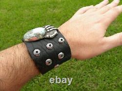 Bear claw sterling silver turquoise signed MG Bison leather cuff bracelet ketoh