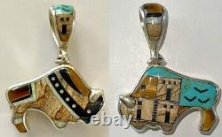Begay Navaho Sterling Mosaic Inlay Onyx Tigers Turquoise Bison 2 Sided Pendant