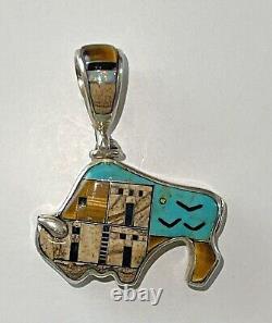 Begay Navaho Sterling Mosaic Inlay Onyx Tigers Turquoise Bison 2 Sided Pendant