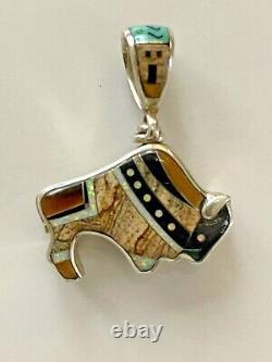 Begay Navaho Sterling Mosaic Inlay Onyx Tigers Turquoise Bison 2 Sided Pendant