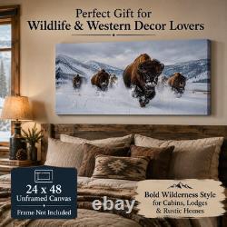 Bills Running Bison Herd Panoramic Wall Art Winter Wildlife Western Decor