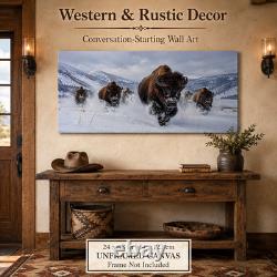 Bills Running Bison Herd Panoramic Wall Art Winter Wildlife Western Decor