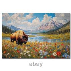 Bison Art Print, Wildflower Poster, Lodge Decor