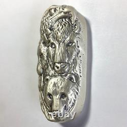 Bison B. Hand Poured 5 Oz Shaped Silver Bar 4 Animal Totem Eagle Wolf Bear