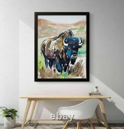 Bison Buffalo Artwork Western Landscape Rustic Decor 9X12 Paper
