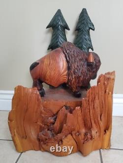Bison Buffalo Wood Carving by Gary & Marilyn Betlach Wisconsin Stump Large Decor