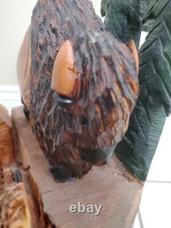 Bison Buffalo Wood Carving by Gary & Marilyn Betlach Wisconsin Stump Large Decor