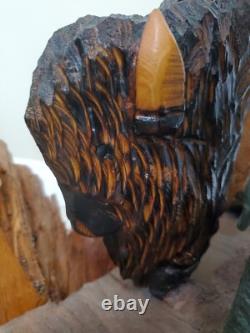 Bison Buffalo Wood Carving by Gary & Marilyn Betlach Wisconsin Stump Large Decor