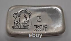 Bison Bullion 3 Troy Oz. 999 Fine Silver Poured Ingot/Bison Design