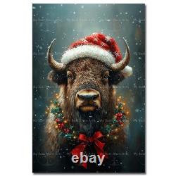 Bison Christmas Art Print, Holiday Wreath Poster, Vintage Seasonal Wall Decor