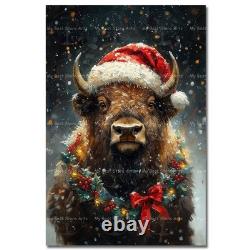 Bison Christmas Art Print, Whimsical Holly Wreath Poster, Holiday Wall Decor
