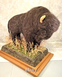 Bison Figure Wool/Plaster on Wood Base Buffalo Field Campaign with Booklet