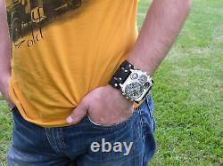 Bison Leather dual time compass wristwatch biker bracelet Men Watch Steam punk