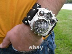 Bison Leather dual time compass wristwatch biker bracelet Men Watch Steam punk