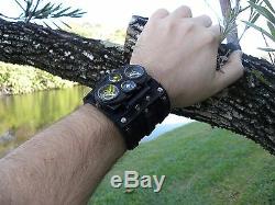 Bison Leather wristband cuff bracelet Men`s biker Watch Steam punk dual unique