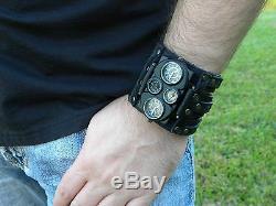Bison Leather wristband cuff bracelet Men`s biker Watch Steam punk dual unique