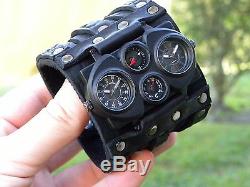 Bison Leather wristband cuff bracelet Men`s biker Watch Steam punk dual unique