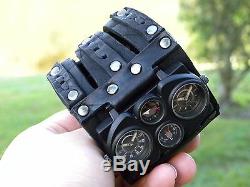 Bison Leather wristband cuff bracelet Men`s biker Watch Steam punk dual unique